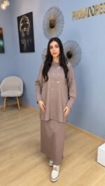 Ensemble 2 Pièces Femme Beige Taupe – Tunique en Maille à Boutons & Jupe Longue Modest Chic