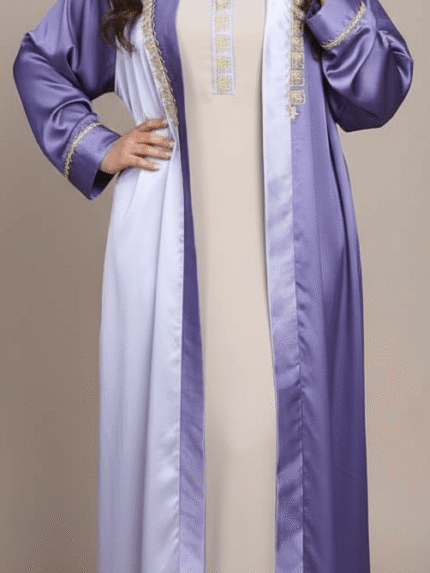 mbre Purple Abaya/Dress with Gold Embroidery - Orkidia Fashion