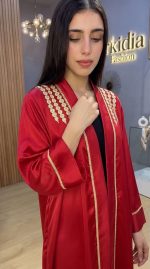 Kimono Caftan de Luxe Rouge Satiné | Broderies Dorées Artisanales | Orkidia Fashion  Nador