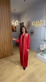 Kimono Caftan de Luxe Rouge Satiné | Broderies Dorées Artisanales | Orkidia Fashion  Nador