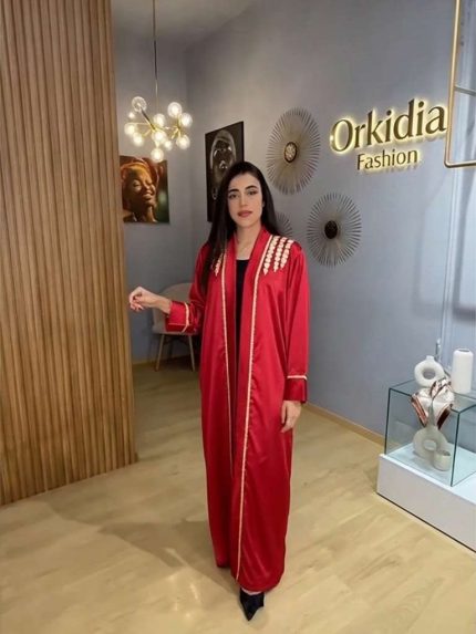Kimono Caftan de Luxe Rouge Satiné | Broderies Dorées Artisanales | Orkidia Fashion  Nador