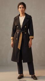 Trench-coat femme noir mi-long croisé avec boutons dorés ceinture et revers camel Orkidia Fashion Nador