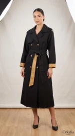 Trench-coat femme noir mi-long croisé avec boutons dorés ceinture et revers camel Orkidia Fashion Nador