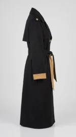 Trench-coat femme noir mi-long croisé avec boutons dorés ceinture et revers camel Orkidia Fashion Nador