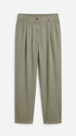 Pantalon kaki décontracté à taille élastique avec pinces pour femme, vue de face sur fond clair.