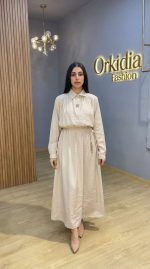 Ensemble 2 Pièces Femme : Chemise Ceinturée et Jupe Longue Beige Sable | Orkidia Nador