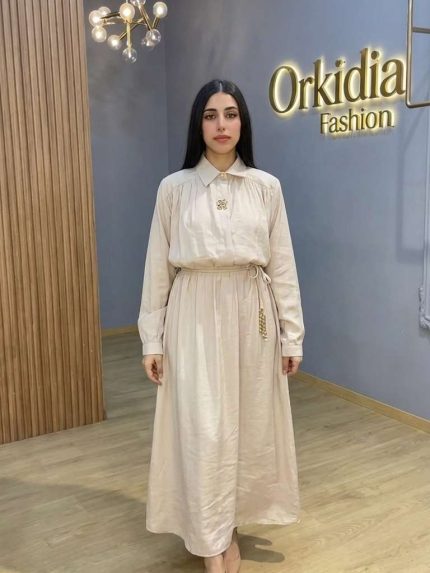 Ensemble 2 Pièces Femme : Chemise Ceinturée et Jupe Longue Beige Sable | Orkidia Nador