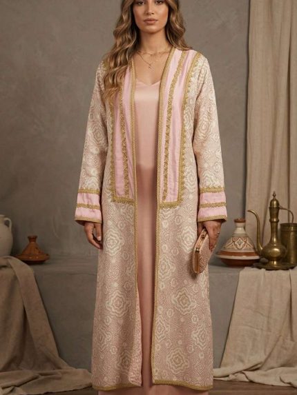 Blouse beldi moderne femme rose poudre en brocart et satin facon selham d apparat Orkidia Fashion Nador