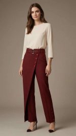 Élégance Bordeaux : Pantalon Taille Haute Ceinturé – Image 5