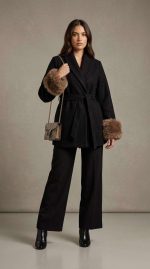Ensemble Noir Élégant avec Manches en Fausse Fourrure – Image 4