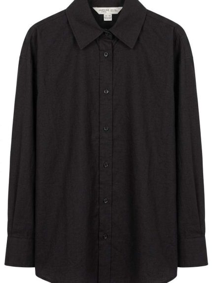 Chemise noire oversize pour femme avec col classique et coupe décontractée, marque Orkidia Fashion