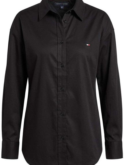 Chemise noire Tommy Hilfiger pour femme avec logo discret et manches longues