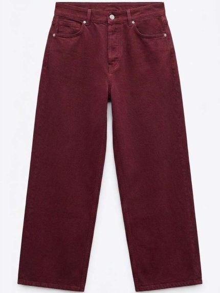 Pantalon femme coupe wide-leg couleur bordeaux en denim haut de gamme