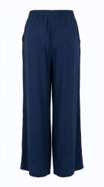 Pantalon fluide bleu marine à coupe large avec taille élastique, vu de dos sur fond neutre.
