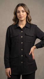 Ensemble Noir Chic Style Cargo – Longue Chemise à Poches et Pantalon Large – Image 4
