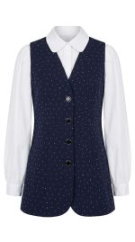 Ensemble élégant composé d'une chemise blanche et d'un gilet bleu marine scintillant pour femme