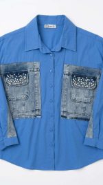 Chemise bleue élégante avec poches en jean et détails en perles pour femme par Orkidia Fashion