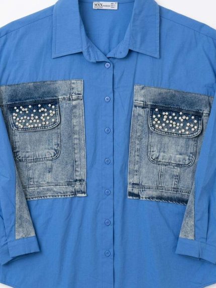 Chemise bleue élégante avec poches en jean et détails en perles pour femme par Orkidia Fashion