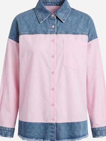 Chemise Silva bicolore rose et denim avec finitions effilochées