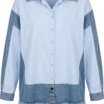 Chemise bicolore femme en jean et popeline avec ourlet effiloché