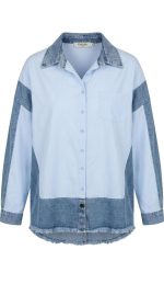 Chemise bicolore femme en jean et popeline avec ourlet effiloché