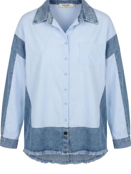 Chemise bicolore femme en jean et popeline avec ourlet effiloché