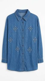 Chemise en jean bleue pour femme avec motifs géométriques en strass argentés