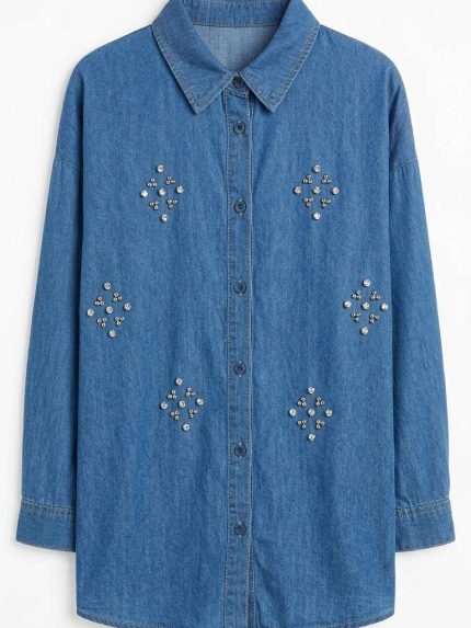 Chemise en jean bleue pour femme avec motifs géométriques en strass argentés