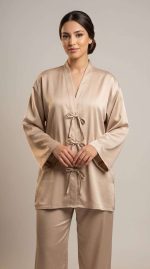 Ensemble 2 Pièces Femme : Veste à liens noués et Pantalon Large Beige | Orkidia Nador