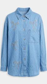 Chemise en jean bleu clair avec motifs de nœuds en strass pour femme par Orkidia Fashion