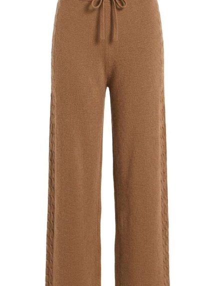 Pantalon large en maille couleur camel avec détails tressés sur les côtés et cordon de serrage à la taille