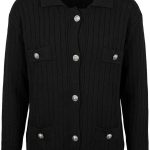 Cardigan noir pour femme avec boutons bijoux et poches plaquées, collection Orkidia Fashion.