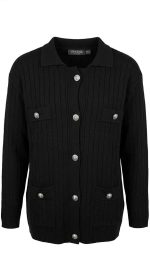 Cardigan noir pour femme avec boutons bijoux et poches plaquées, collection Orkidia Fashion.