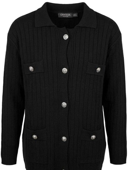 Cardigan noir pour femme avec boutons bijoux et poches plaquées, collection Orkidia Fashion.