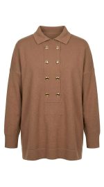 Pull oversize camel en maille avec boutons dorés élégants pour femme