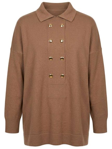 Pull oversize camel en maille avec boutons dorés élégants pour femme