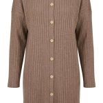 Gilet long beige en maille côtelée avec boutons frontaux et col chemise