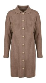 Gilet long beige en maille côtelée avec boutons frontaux et col chemise