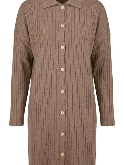 Gilet long beige en maille côtelée avec boutons frontaux et col chemise