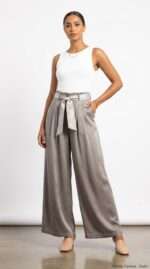 Pantalon Palazzo Beige Élégant avec Ceinture à Nouer – Image 6