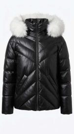 Doudoune Noir en Similicuir avec Capuche Fourrure - Orkidia Fashion