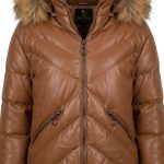 Doudoune Courte Marron en Similicuir avec Capuche Fourrée