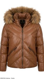 Doudoune Courte Marron en Similicuir avec Capuche Fourrée