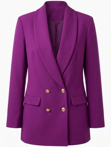 Blazer femme violet croise mi-long avec col chale et boutons dores Orkidia Fashion Nador