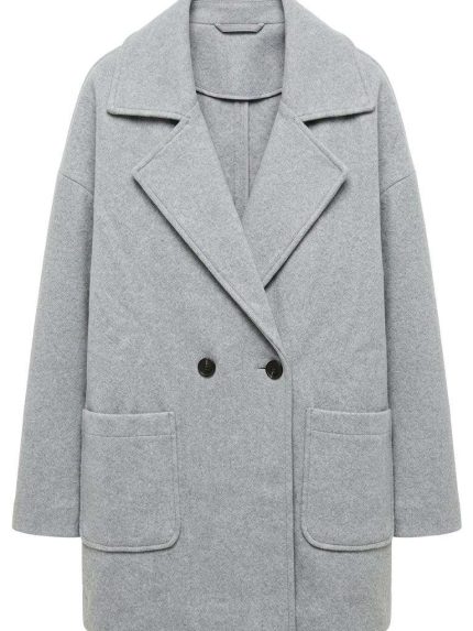 Manteau oversize gris pour femme avec double boutonnage et poches latérales, style chic et hivernal