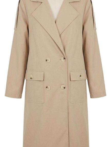 Trench long pour femme de couleur beige avec double boutonnage et style urbain chic chez Orkidia Fashion
