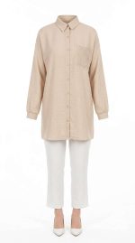 Chemise Nésia en lin beige avec poche perlée | Orkidia Fashion