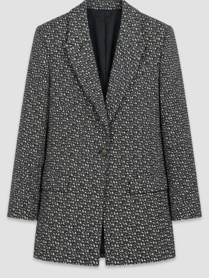 Blazer à motif graphique noir et blanc avec bouton unique, vue de face, collection Orkidia Fashion.