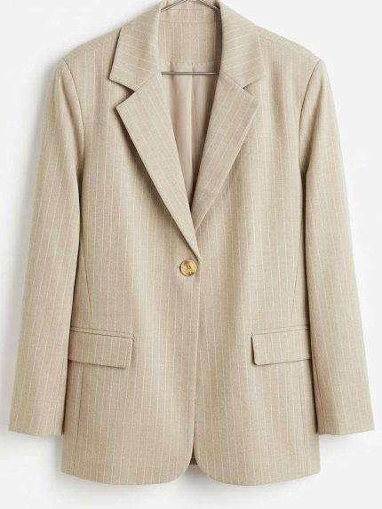 Blazer femme structuré beige à rayures verticales fines avec fermeture à un bouton