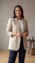 veste Structuré Rayé Beige - Élégance Contemporaine – Image 4